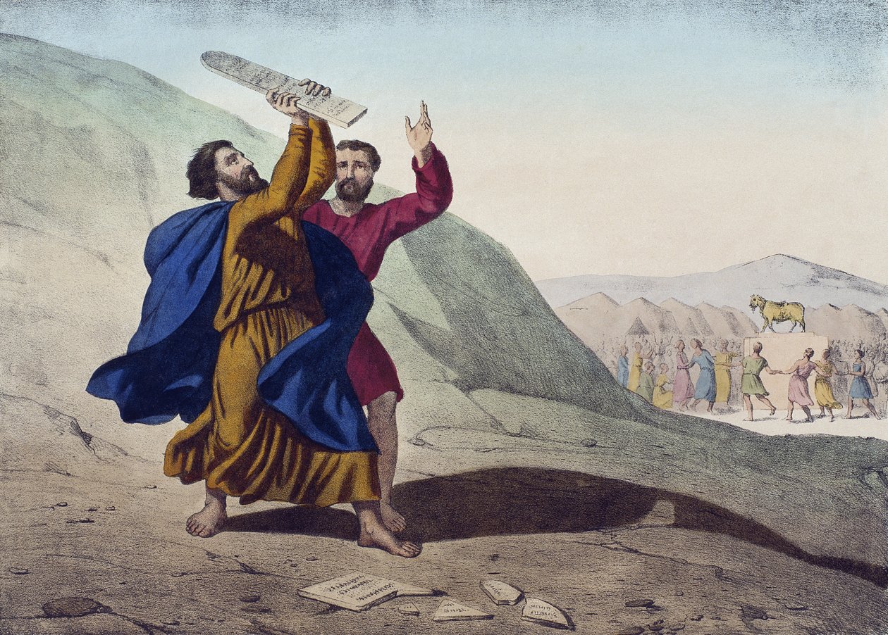 Moses bryter mot lagens tavlor och tillbedjan av den gyllene kalven, illustration från en katekes LHistoire Sainte, publicerad av Charles Delagrave, Paris, sent 1800-tal av French School