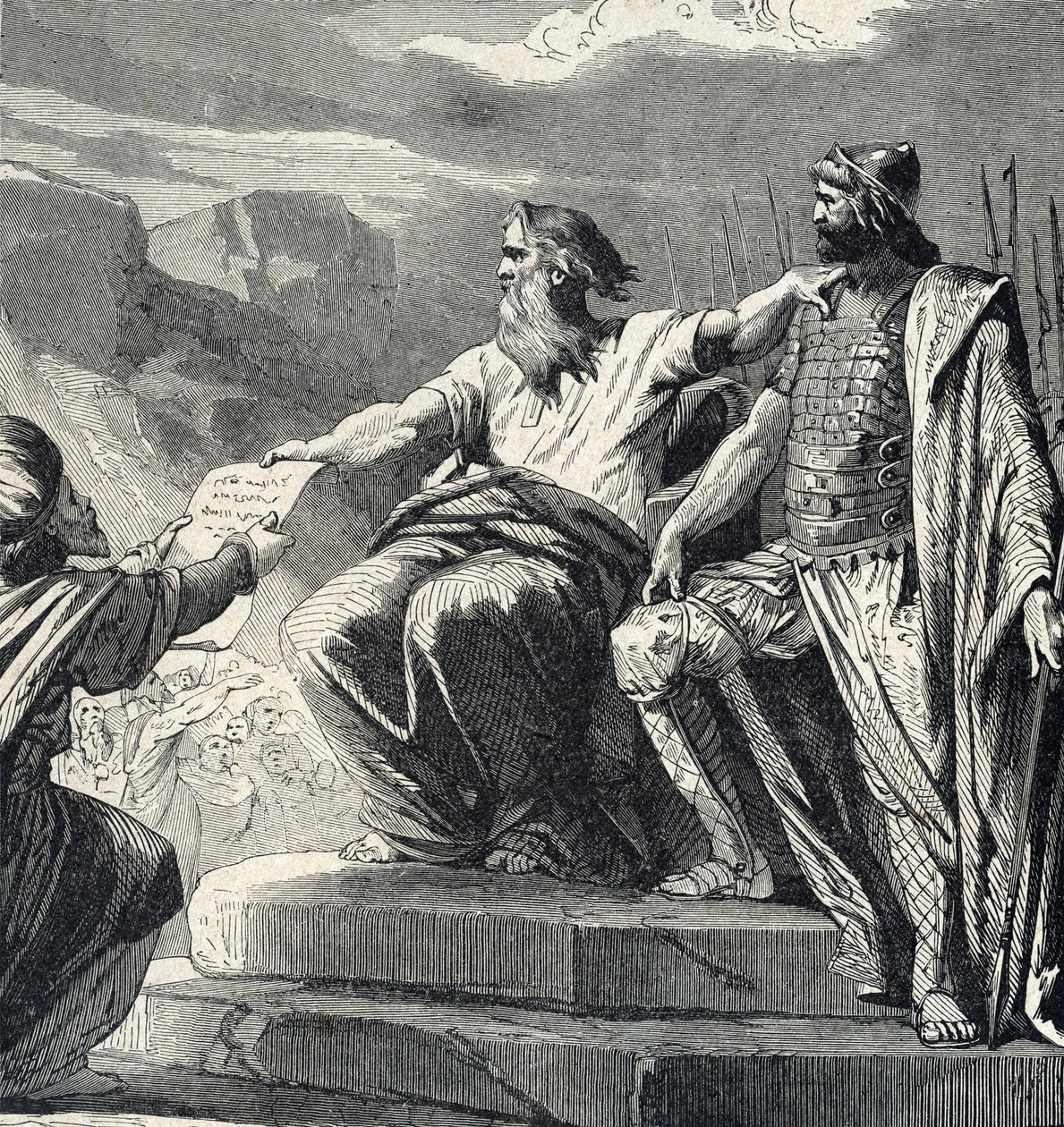 Moses beordrar Israels folk att erkänna Josuas auktoritet (Moses väljer Josua som sin efterträdare) Gravyr från "Holy History" av Lahure 1800-tal Privat samling av French School