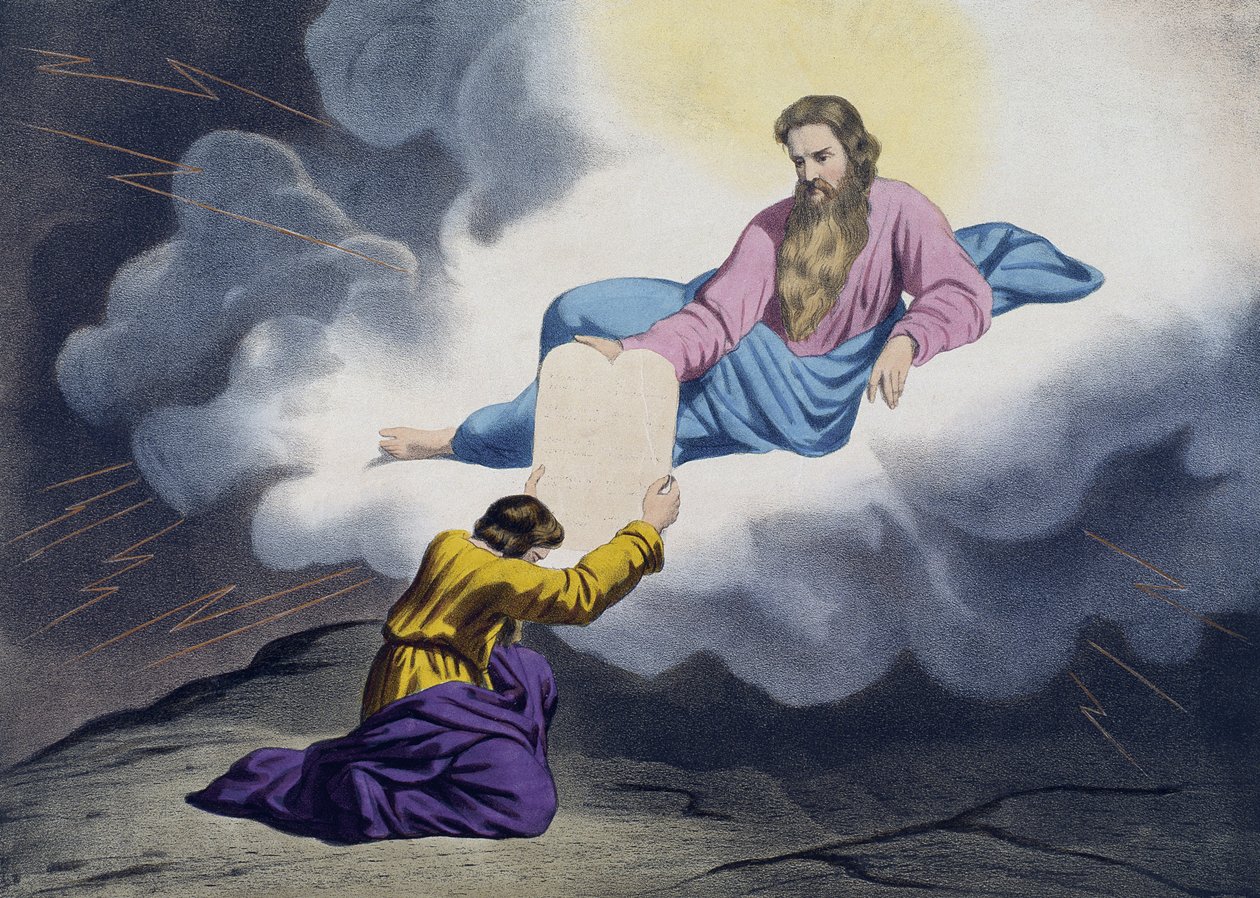 Moses tar emot lagens tavlor, illustration från en katekes LHistoire Sainte, utgiven av Charles Delagrave, Paris, sent 1800-tal av French School