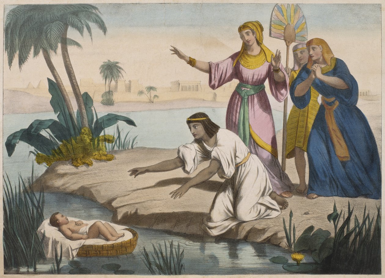 Moses räddad från Nilen, illustration från en katekes LHistoire Sainte, publicerad av Charles Delagrave, Paris av French School
