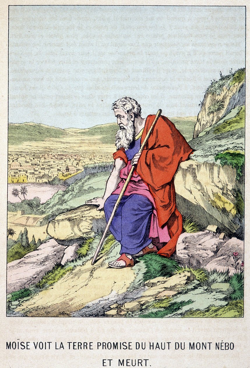 Moses ser det utlovade landet från toppen av berget Nebo och dör - i "" Moses