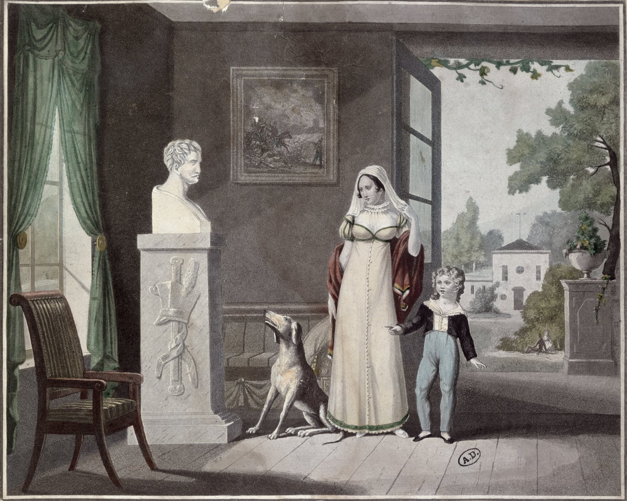 Mor och son gråter före bysten av en död soldat, tidigt 1800-tal av French School