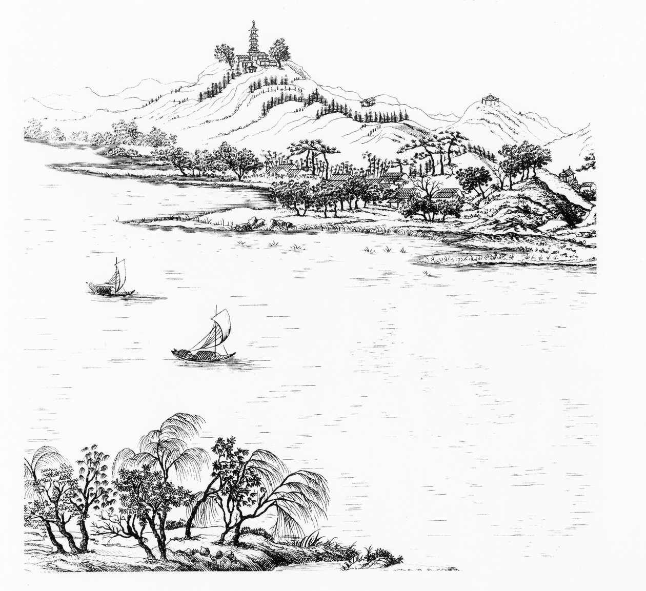 Mount Chang och Lake Chou, från Jardins Anglo-Chinois a la Mode, av George Louis le Rouge, publicerad ca 1776-88 av French School