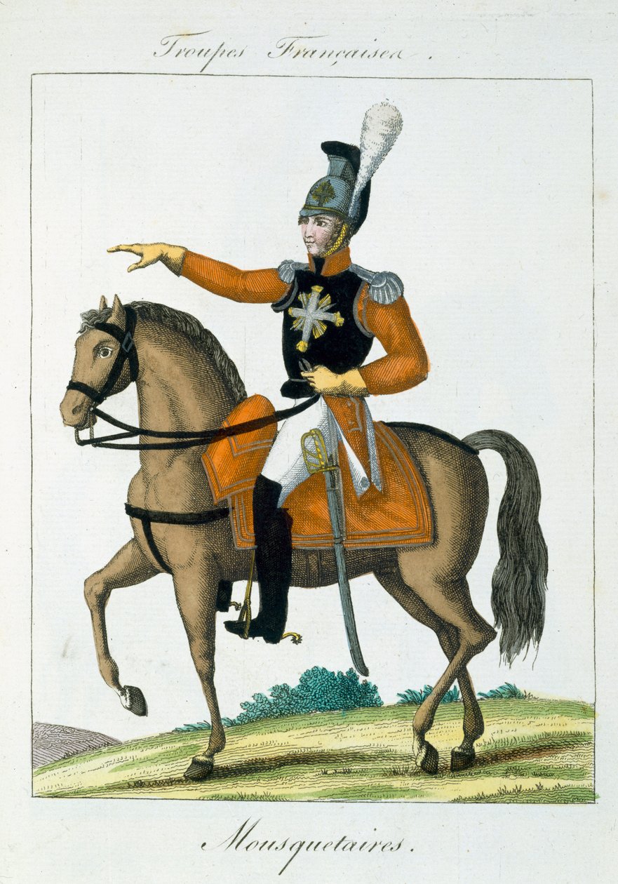 Mounted Musketeer, från Troupes Francaises, pub. i Basset, Paris, ca 1790 av French School