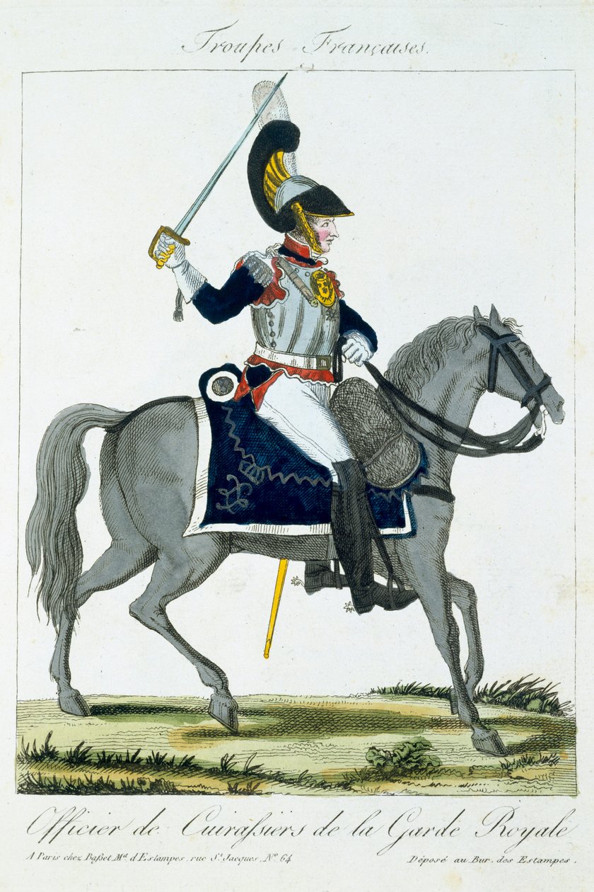 Beriden officer av Cuirassiers av det kungliga gardet, från Troupes Francaises, pub. hos Basset, Paris, ca 1790 av French School