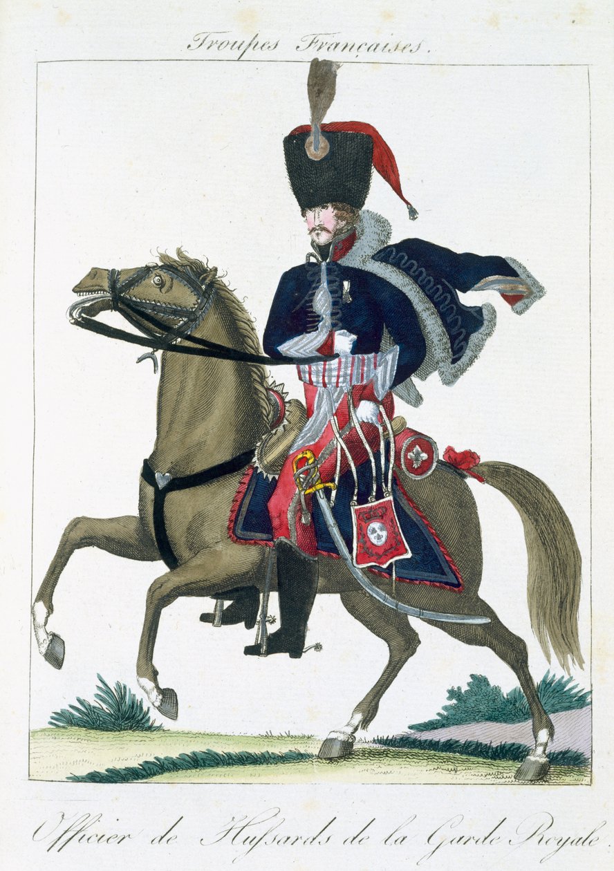 Beriden officer av Hussars of the Royal Guard, från Troupes Francaises, pub. hos Basset, Paris, ca 1790 av French School