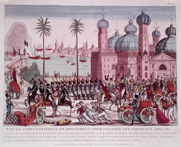 Förflyttning av trupper för att tvinga de engelska fartygen från Konstantinopel, 21 mars 1807 (färgad gravyr) av French School