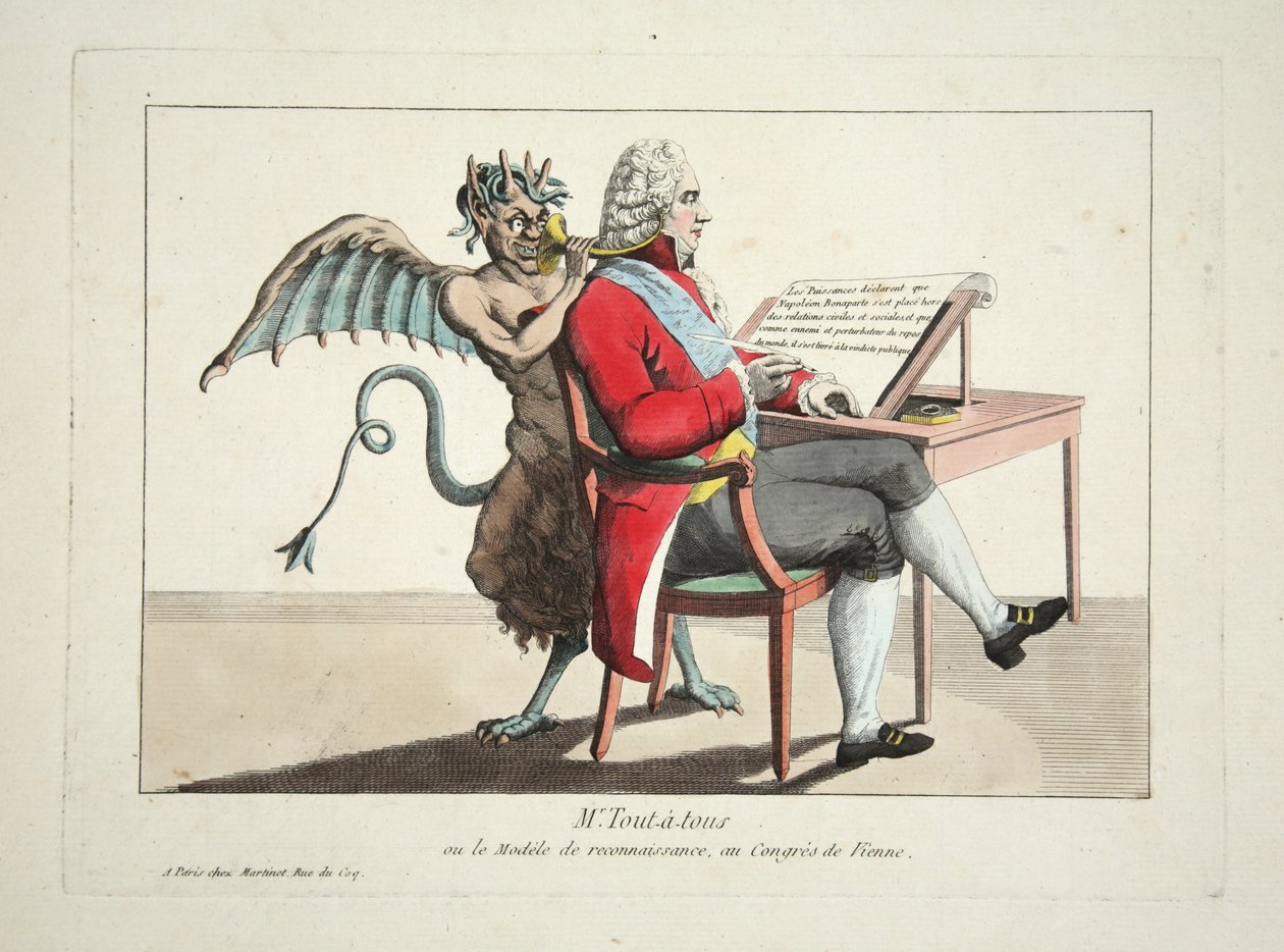 Mr. Tout-a-tous eller modellen för erkännande, på Wienkongressen, pub. 1815 (färggravyr) av French School