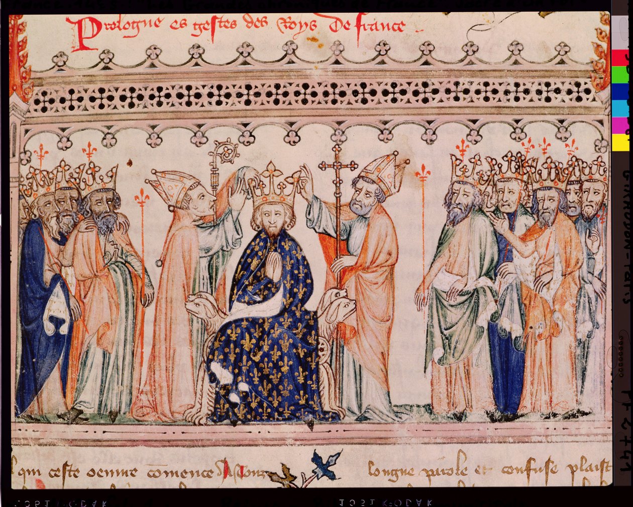 Ms.1469 f.1 Invigningen av Filip III den djärve (1245-85) kung av Frankrike, från Grandes Chroniques de France, 1375-79 av French School