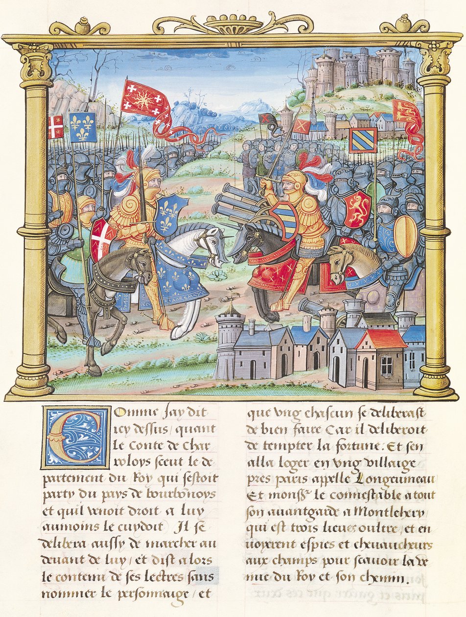 Ms.18 f.7v Slaget vid Montlhery under kriget i League of the Good Public, 14 juli 1465, från Philippe of Commines