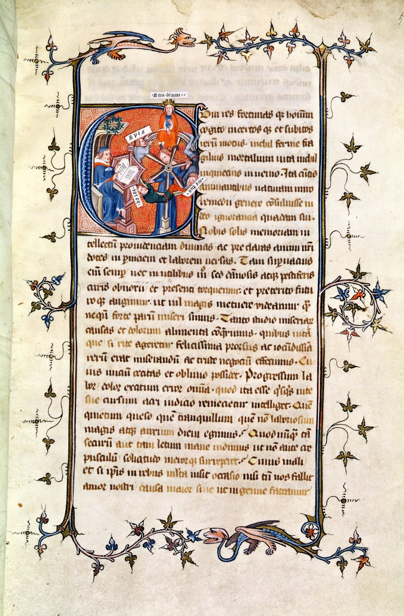 Ms.239 fol.1 Itulau faatasi ai ma se uluai tala faasolopito o loo faaalia ai se tagata nofonofo i luma o le Uili o Fortune, mai le 