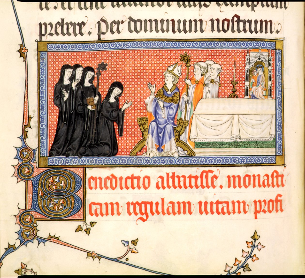 Ms.298 f82v Presentationen av en abbedissa, från Metz Pontifical, skriven för Raymond Bar, biskop av Metz, 1302-16 av French School