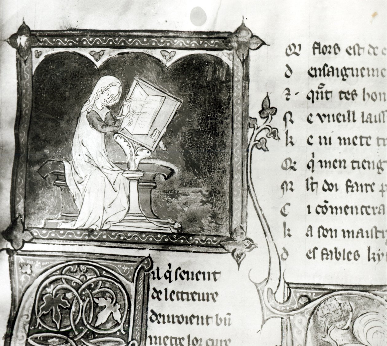 Ms.3142 fol.256 Marie de France (fl. 1100-talet) skrift, från en antologi med franska dikter, c.1280-90 (detalj) av French School