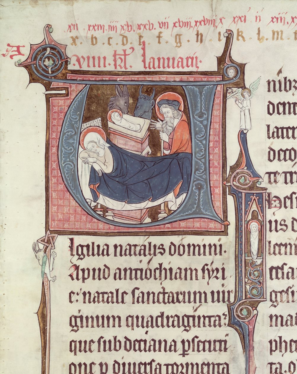 Ms.838 fol.55 Historikerade initialer U och I som föreställer födseln och Kristusbarnet, från Obituaire de Notre Dame de Pres, efter 1270 (se även 155905) av French School