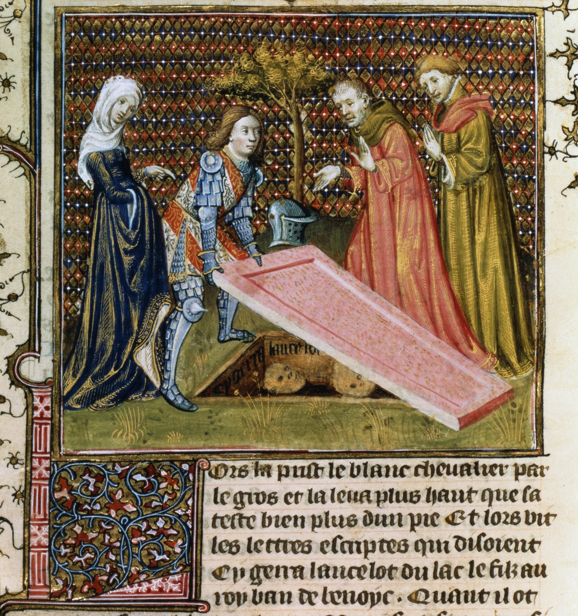 Ms.Fr.118 f.190 Lancelot lyfter stenen från sin egen förutbestämda grav och lär sig hans namn och härkomst, från Livre de Messire Lancelot du Lac av French School