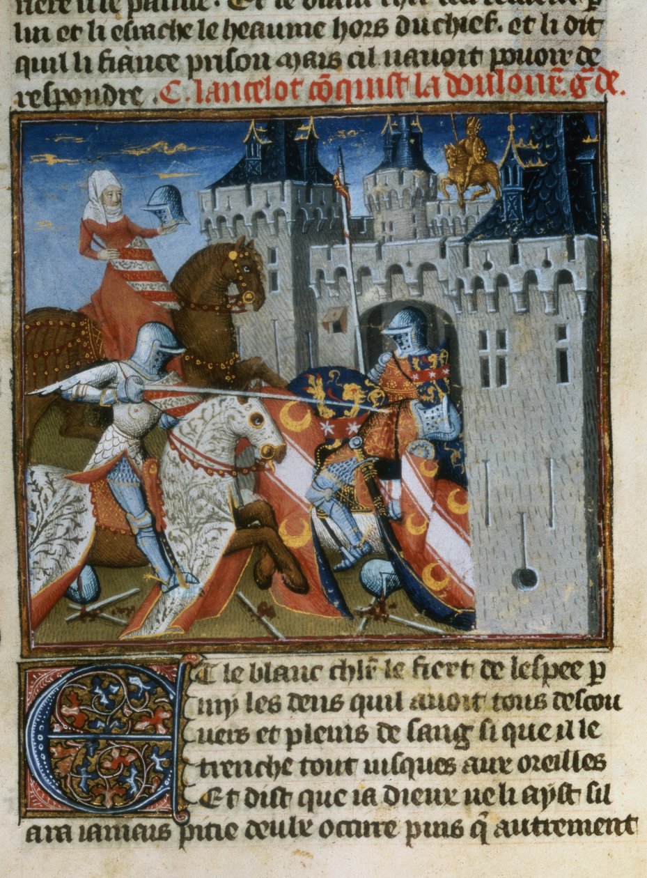 Ms.Fr 118 f.189v Sir Lancelot fångar Dolorous Garde med hjälp av en ny sköld som ges till honom av Lady of the Lake, från Livre de Messire Lancelot du Lac av French School