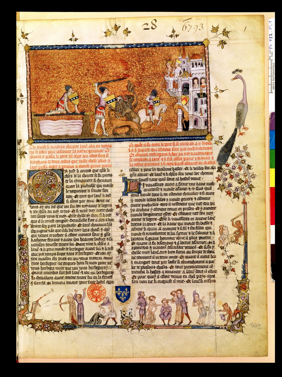 Fr 122 f.1 Sir Lancelot korsar Svärdbron, från Roman de Lancelot du Lac, 1344 av French School