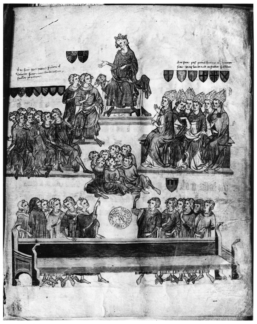 Fröken Fr. 18437 fol. 2 The Court of the Peers som presideras av Philippe VI (1293-1350) från Proces de Robert III dArtois (1287-1342) comte de Beaumont, 1336 (se även 85900) av French School