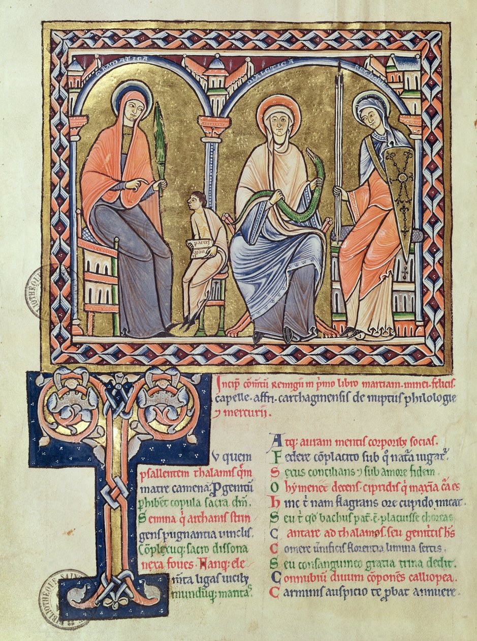 Ms 1041 f.1v Grammatik, dialekt och retorik från Satyricon av Martianus Capella, ca 1200 av French School