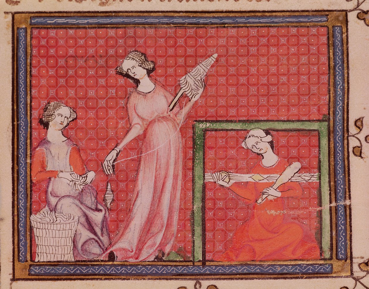 Ms 1044 f.101 Women Spinning Wool, från Ovide Moralise skriven av Chretien Legouais av French School
