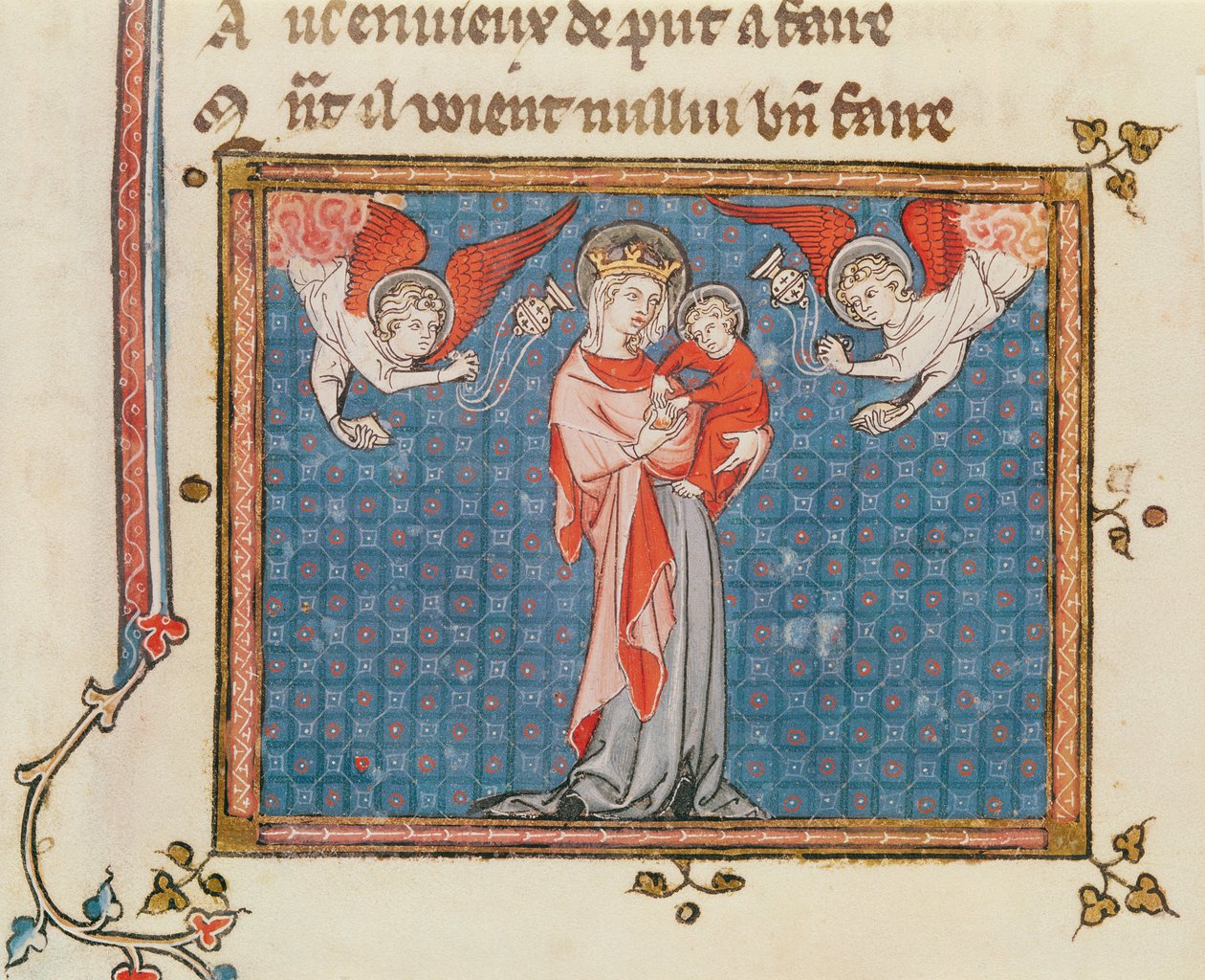 Ms 1044 fol.68v Jungfru och barn med änglar som bär rökelsekar, från Ovide Moralise skriven av Chretian Legouais av French School