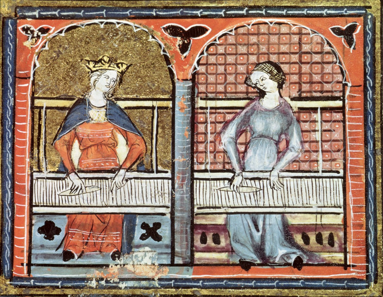 Ms 1044 fol.89v Women Weaving, från Ovide Moralise skriven av Chretien Legouais av French School