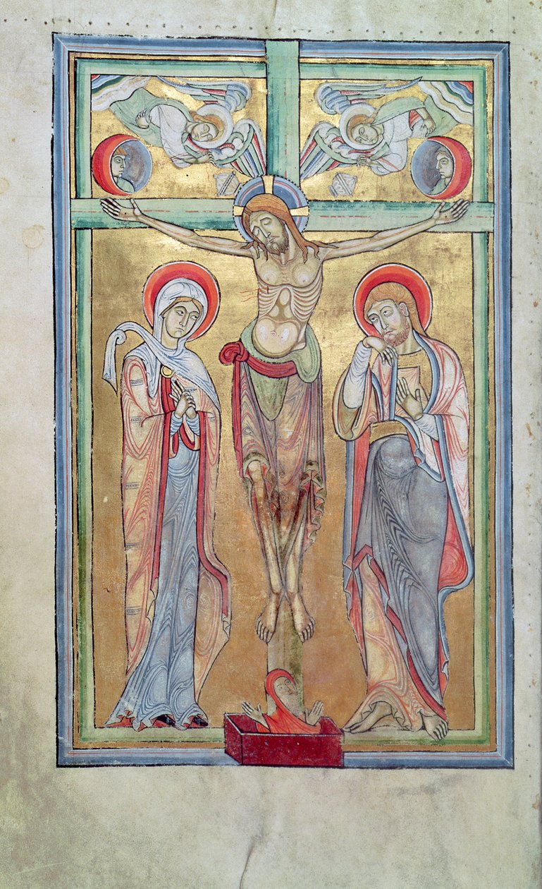 Ms 108 f.58v Crucifixion, från Sacramentary of St. Amand av French School