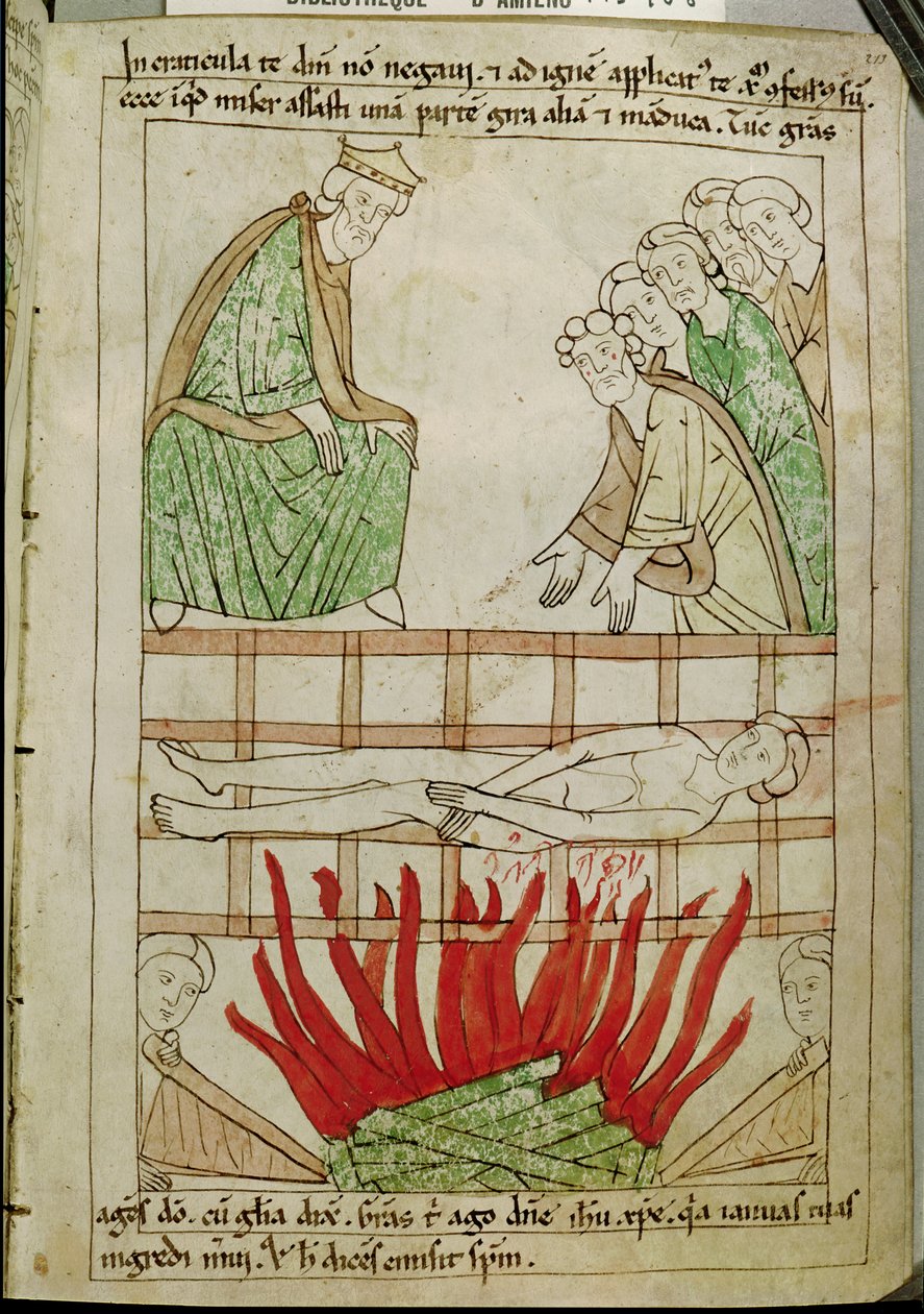 Ms 108 fol.213 The Martyrdom of St. Lawrence år 258 AD, från en bibel av French School