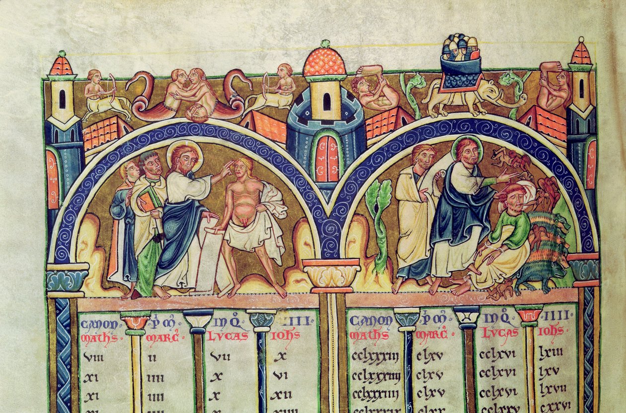Ms 10 f.128v Evangelisternas kanon, detalj som skildrar Kristus som botar mannen med vattusot och driver ut demoner från en besatt man, från en latinsk bibel av French School