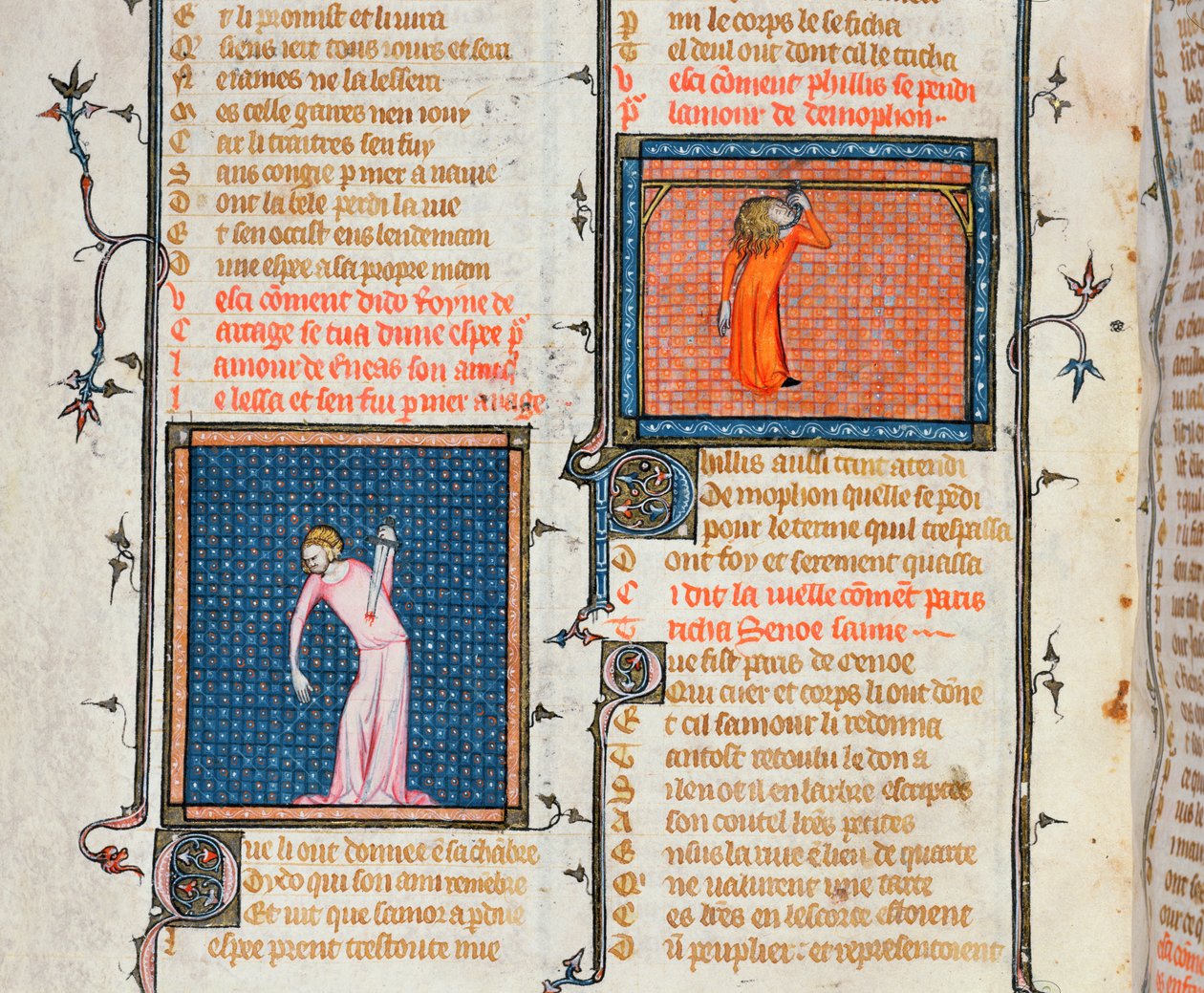 Ms 1126 The Suicide of Dido by the sword och Phyllis självmord genom att hänga, från Le Roman de la Rose av Guillaume de Loris och Jean de Meung, ca 1360-70 av French School