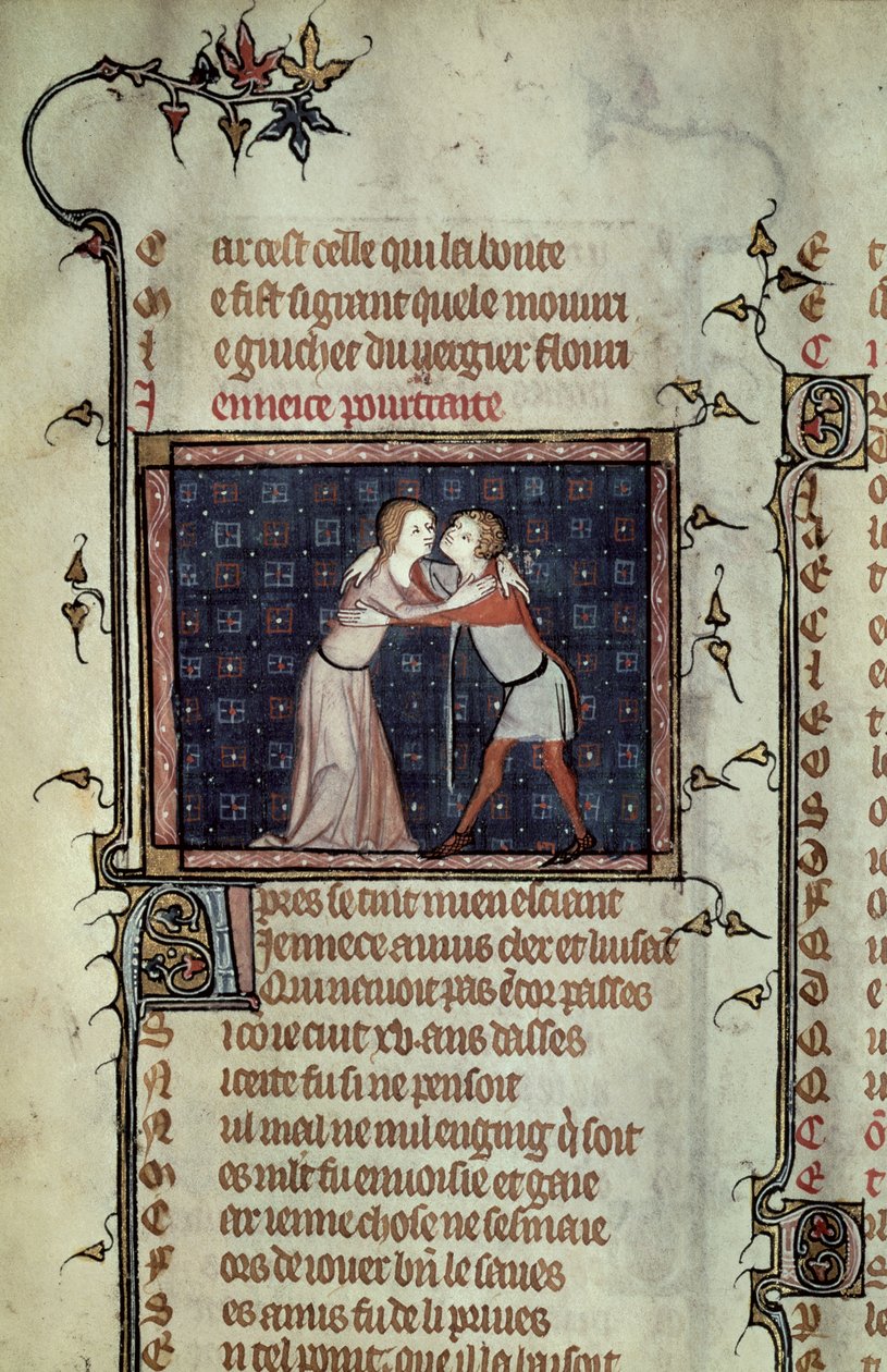 Ms 1126 fol.8r Youth and Love Embracing, från Le Roman de la Rose av Guillaume de Loris och Jean de Meung av French School