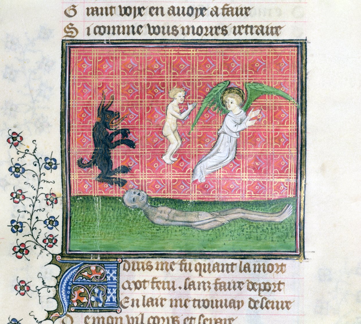 Ms 1130 Soul lämnar kroppen åtföljd av en ängel, miniatyr från Le Livre des Proprietes des Choses av Barthelemy lAnglais av French School