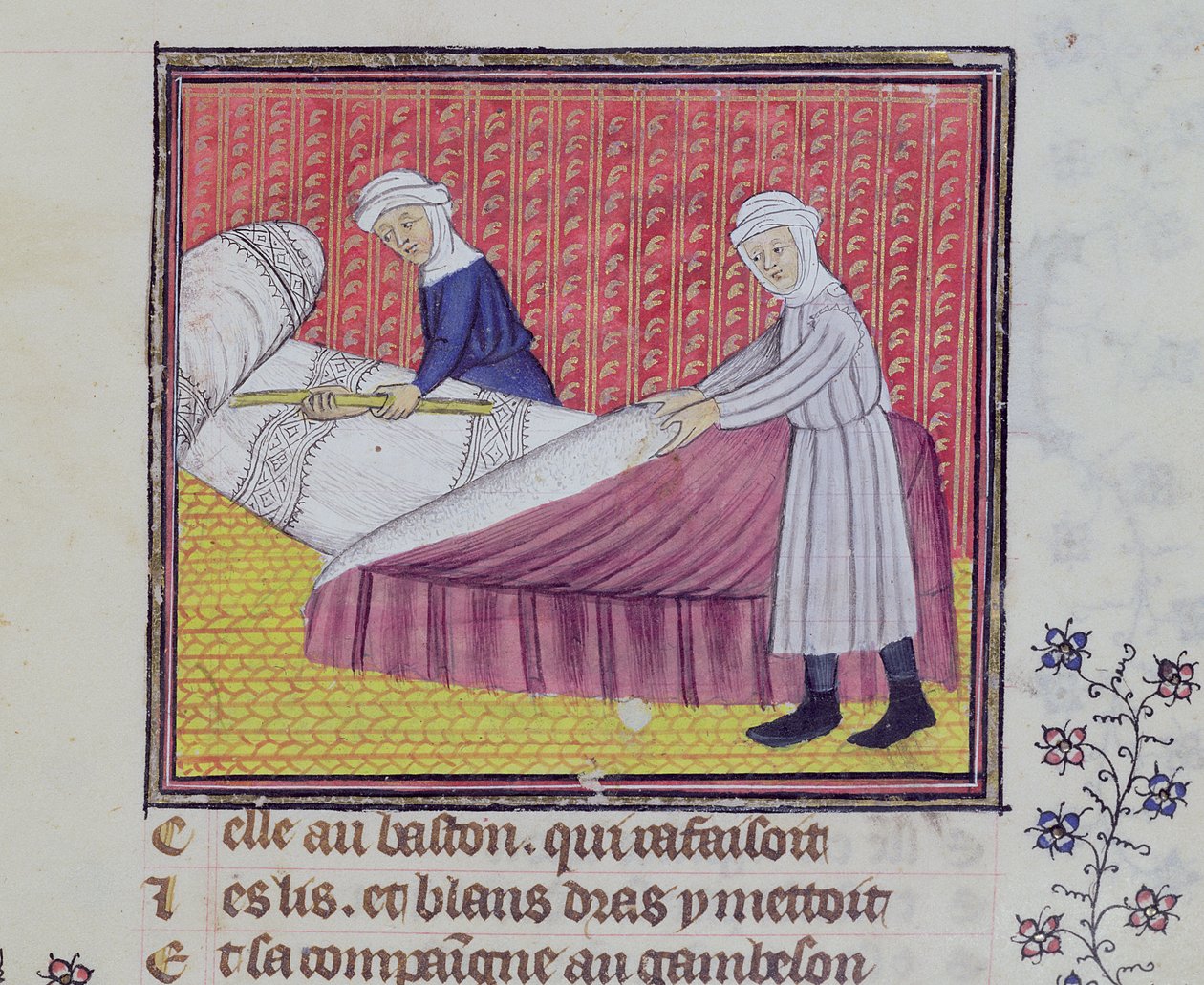 Ms 1130 fol.83r Kyskhet och fattigdom att bädda en säng, från Le Roman des Trois Pelerinages av Guillaume de Digulleville av French School