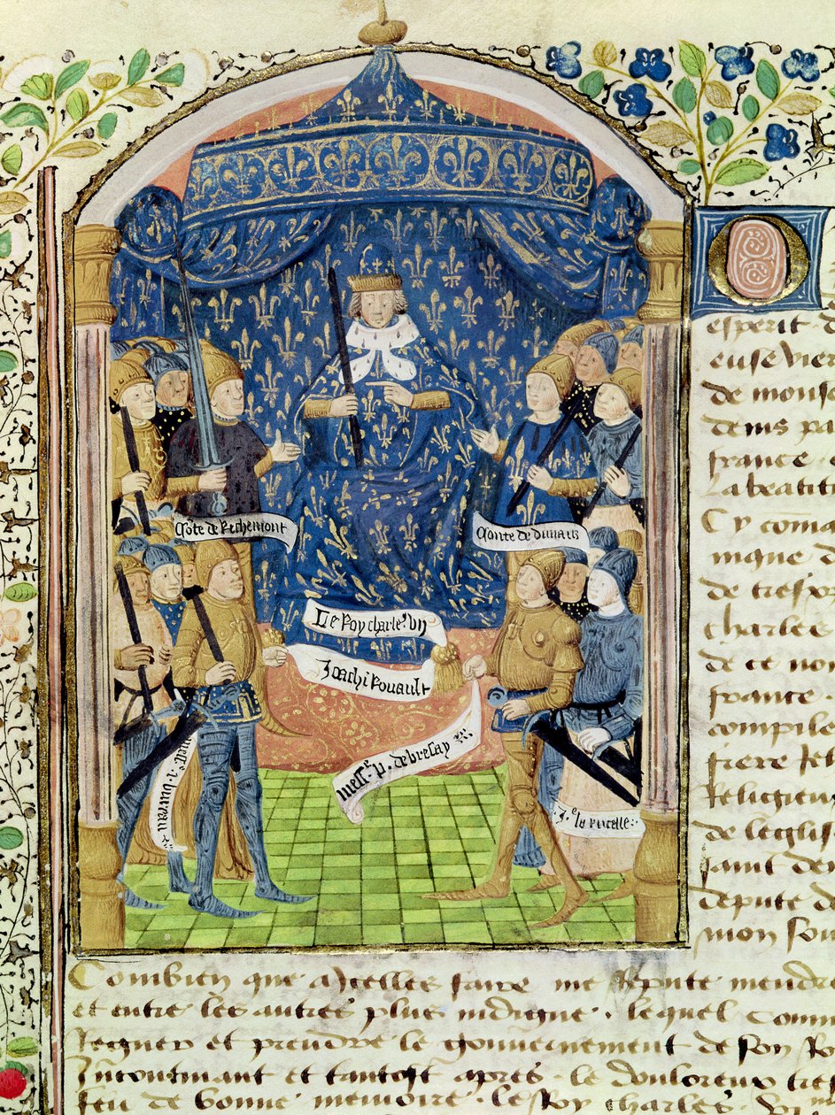 Ms 1151 f.1 Charles VII (1403-61) Omgiven av sitt hov och Jeanne d