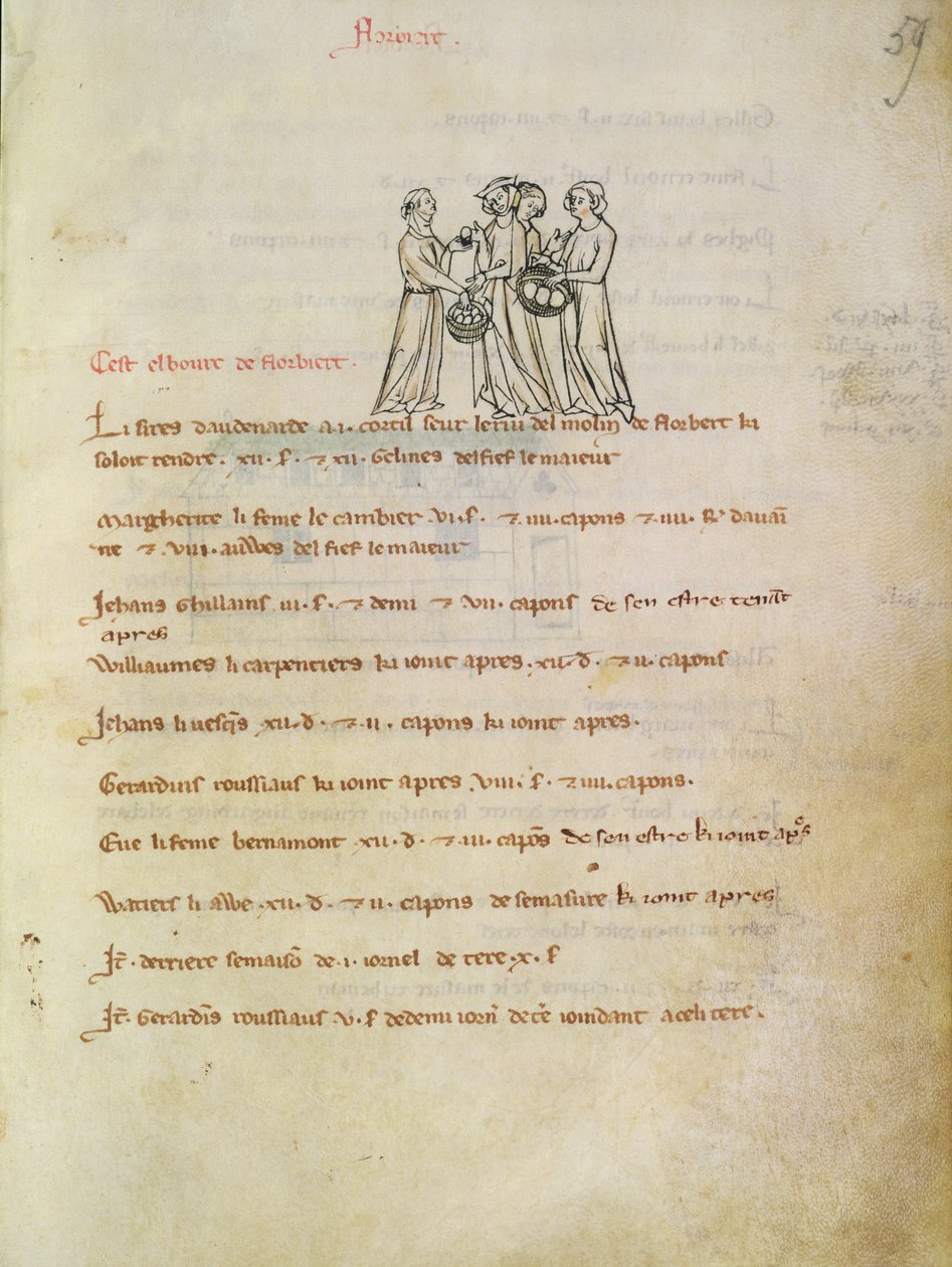 Ms 1175 f.59r kvinnor köper ägg, från Vieil Rentier dAudenarde, 1291-1302 av French School