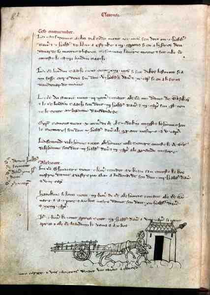 Ms 1175 f.8v Bonde med sin häst och vagn, från Vieil Rentier dAudenarde, 1291-1302 av French School