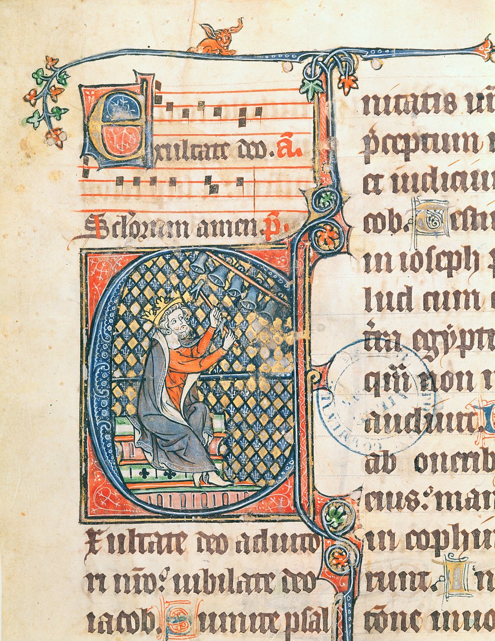 Ms 124 f. 83 Historikerad initial föreställande kung David som spelar ett klockspel, illustration från en psalter av French School