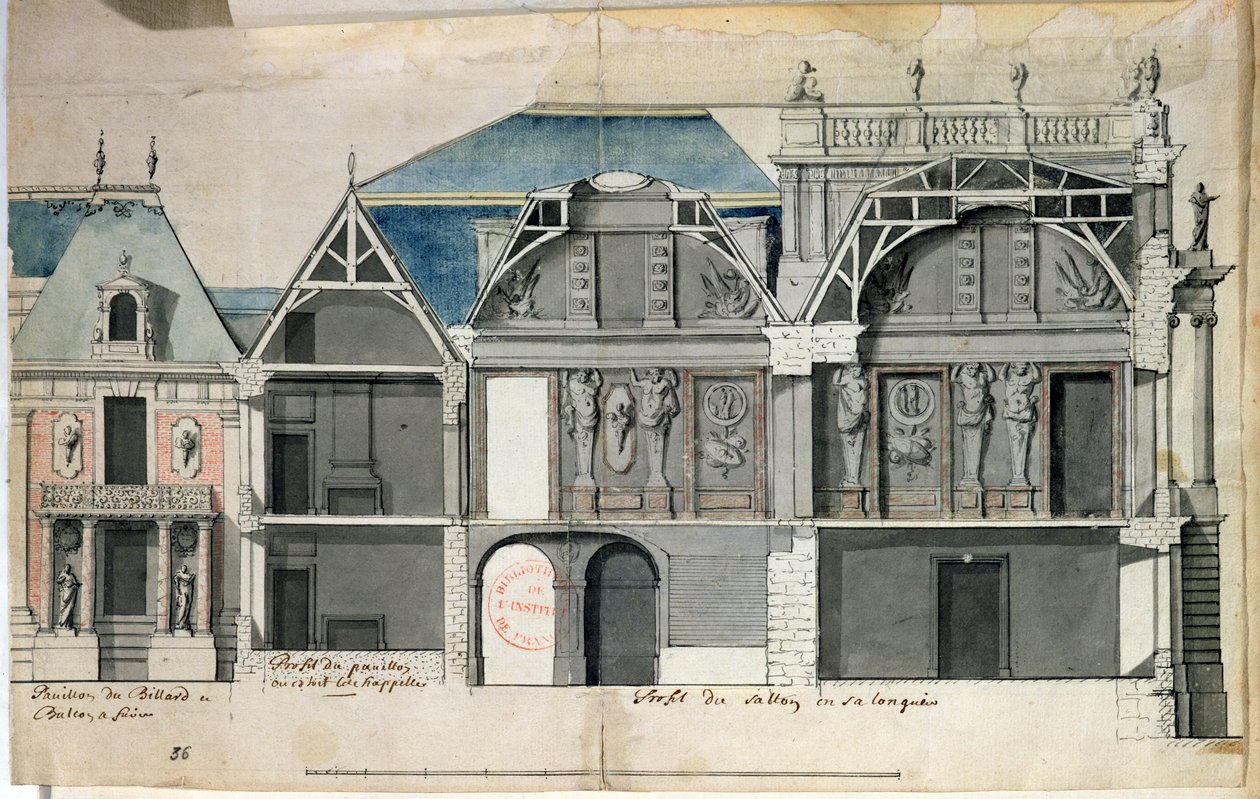 Ms 130736 Tvärsnitt av en flygel av Chateau de Versailles konstruerad av Louis Le Vau ((1612-70) (wc på papper) av French School