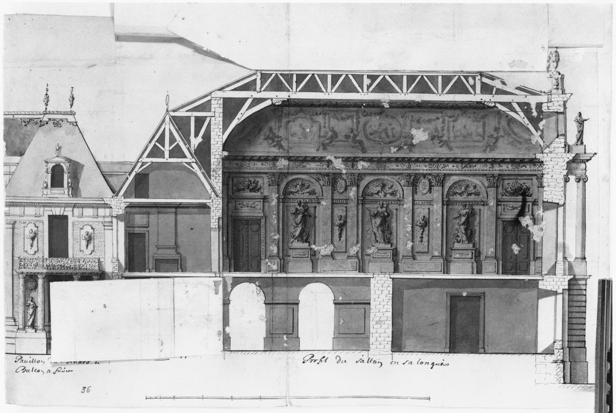 Ms 130736 Syd-nord tvärsnitt av Grand Salon och Salle de Diane i Chateau de Versailles konstruerad av Louis Le Vau ((1612-70) (wc på papper) av French School