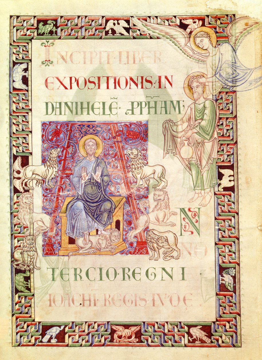 Ms 132 f.2v Daniel i lejonhålan matad av Habakkuk, från Explanatio in Prophetas et Ecclesiasten av St. Hieronymus av French School