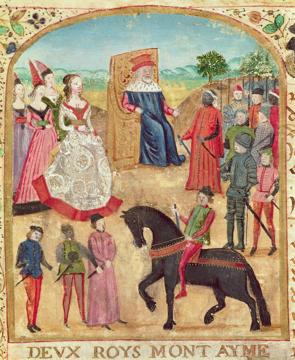 Ms 1335 f.1 Margaret av York presenteras för sin blivande make, Karl den Djärve den 27 juni 1468 i Damme av French School