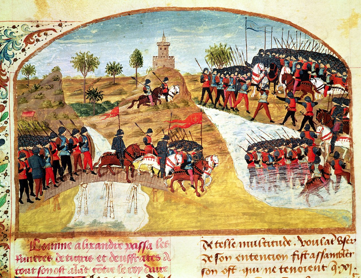 Ms 1335 f.62v Hur Alexander den store (356-323 f.Kr.) korsade Tigris och Eufrat, från Vie dAlexandre le Grand av French School