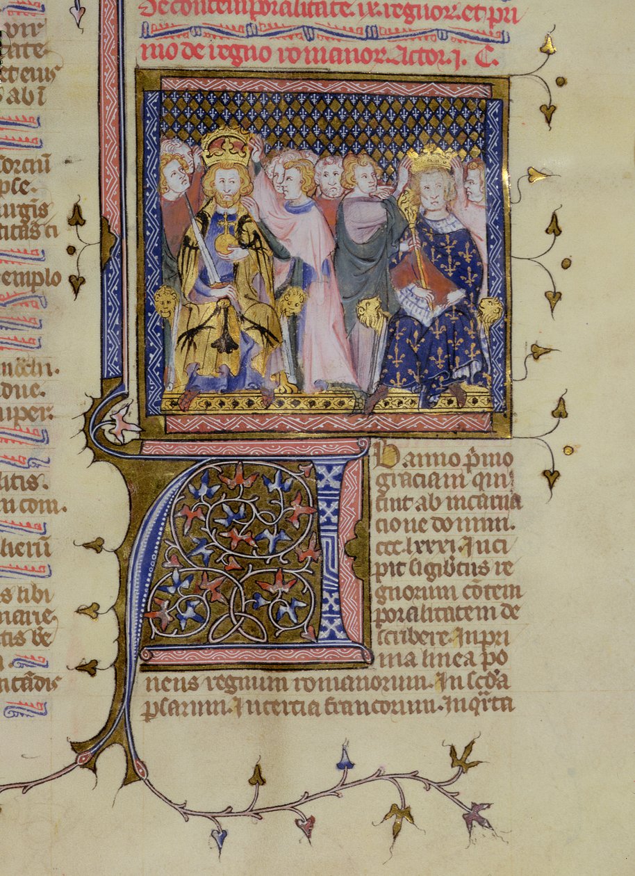 Ms 13. fol 232 Kröning av Ludvig IX (121415-70) och förmodligen av Fredrik II (1194-1250), från en psalter av Pierre Lombard, tidigt 1400-tal av French School