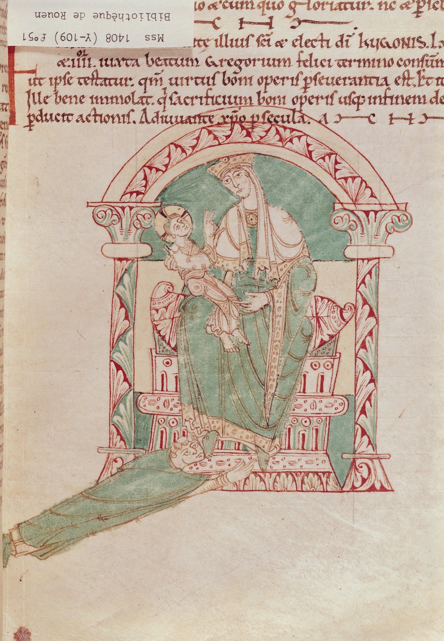Ms 1408 fol.51 Jungfru och barn med St. Gregory den store (540-604) från Sermons et Vies de Saints av French School