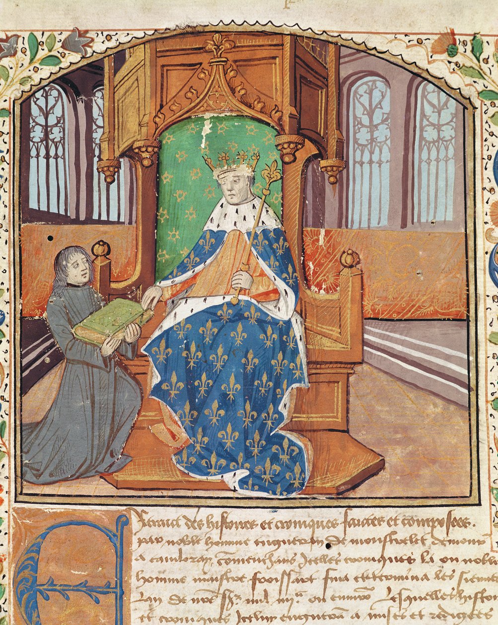 Ms 1468 fol.1 Författaren erbjuder sin bok till kung Karl VII, från Les Chroniques de Monstrelet av French School