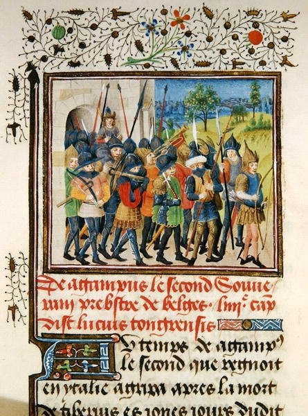 Ms 149 t.1 fol. 45 En armé på fälttåg, från Histoire des Nobles Princes de Hainaut, av Jacques de Guise av French School