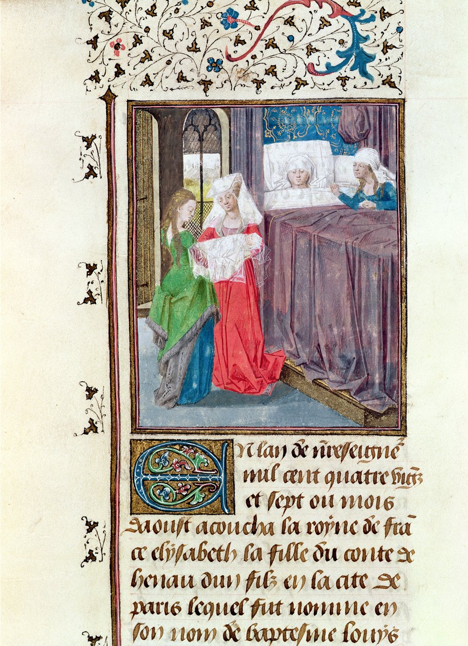 Ms 149 t.3 f.119 Ludvigs födelse (1187-1226) 1187, från Histoire des Nobles Princes de Hainaut, av Jacques de Guise av French School
