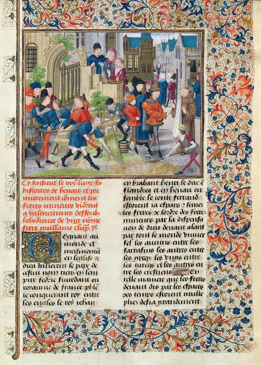 Ms 149 t.3 f.235 Bygga grunden för de minderåriga klostret i Valenciennes, från Histoire des Nobles Princes de Hainaut, av Jacques de Guise av French School