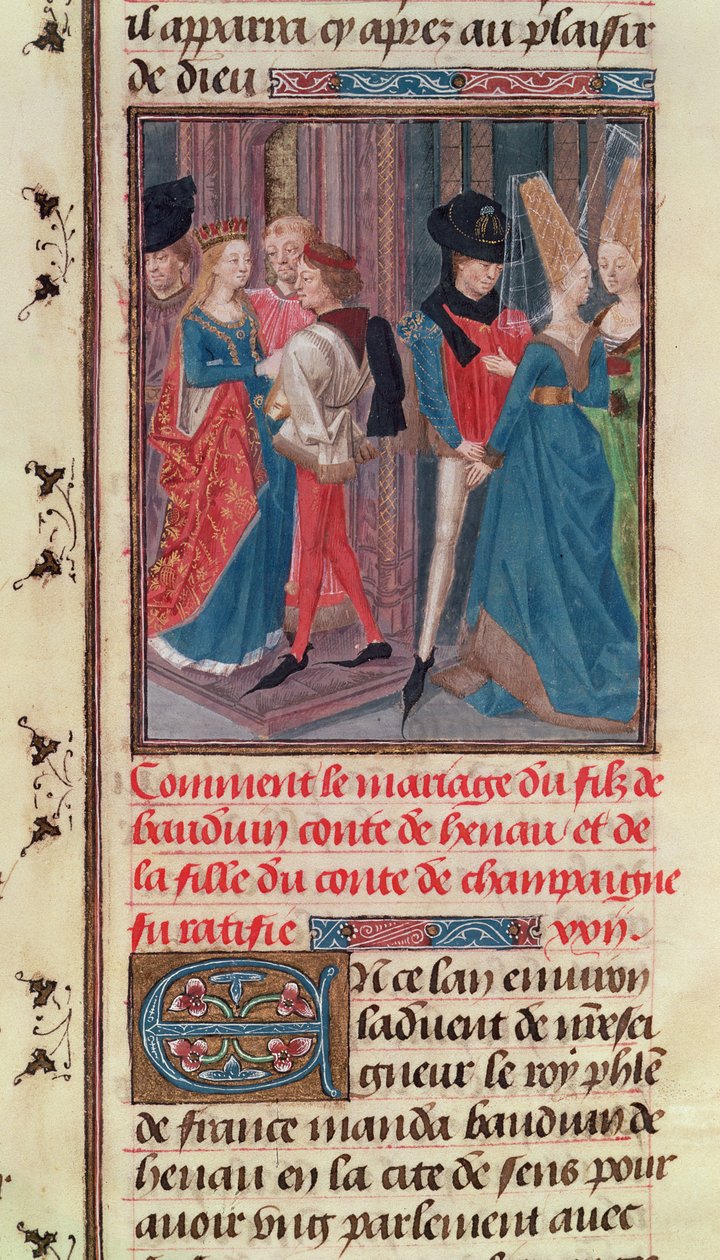 Ms 149 t.3 fol.105 Äktenskap mellan Baldwin VI och Marie, dotter till greven av Champagne, från Histoire des Nobles Princes de Hainaut, av Jacques de Guise av French School