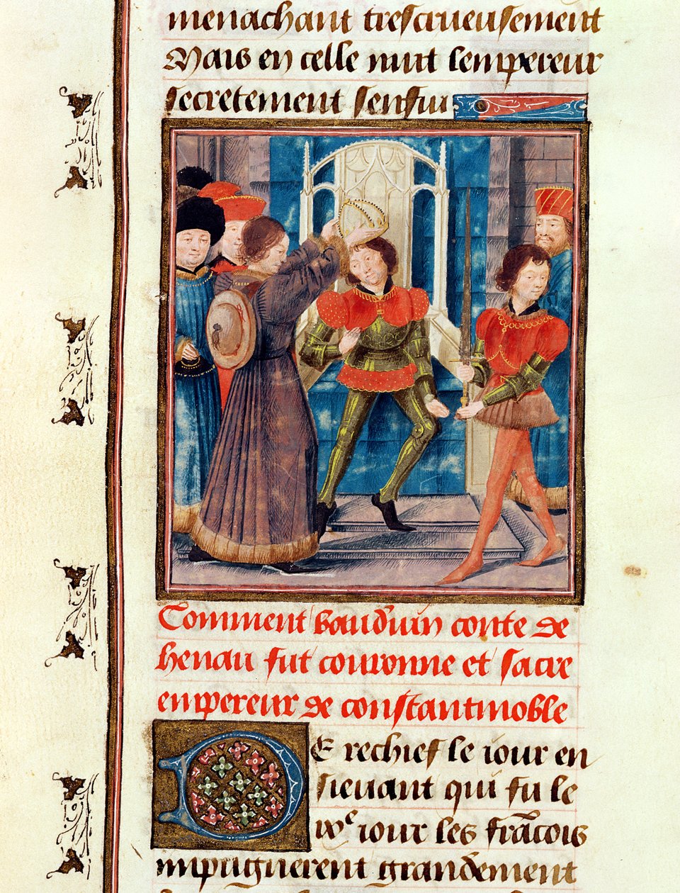 Ms 149 t.3 fol.183v Hur Baldwin I (1171-1205) Sjätte greve av Hainaut kröntes till kejsare av Konstantinopel 1204, från Histoire des Nobles Princes de Hainaut, av Jacques de Guise av French School